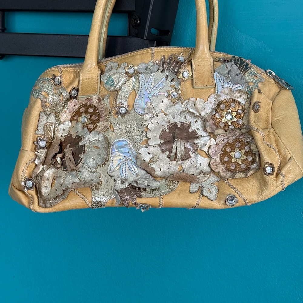 Embellished Gold Floral Leather Satchel